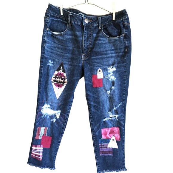 Upcycled Aztec Tribal Patchwork Jeans, Junior Size 12: Distressed Cropped Denim - Picture 6 of 13